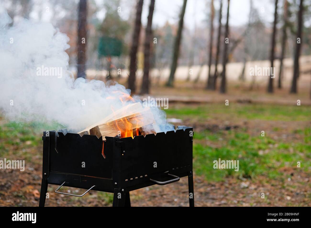 Grill mit brennendem Brennholz. Holzfeuer für Barbecue vorbereitet. Grillsaison in der Natur geöffnet. Stockfoto
