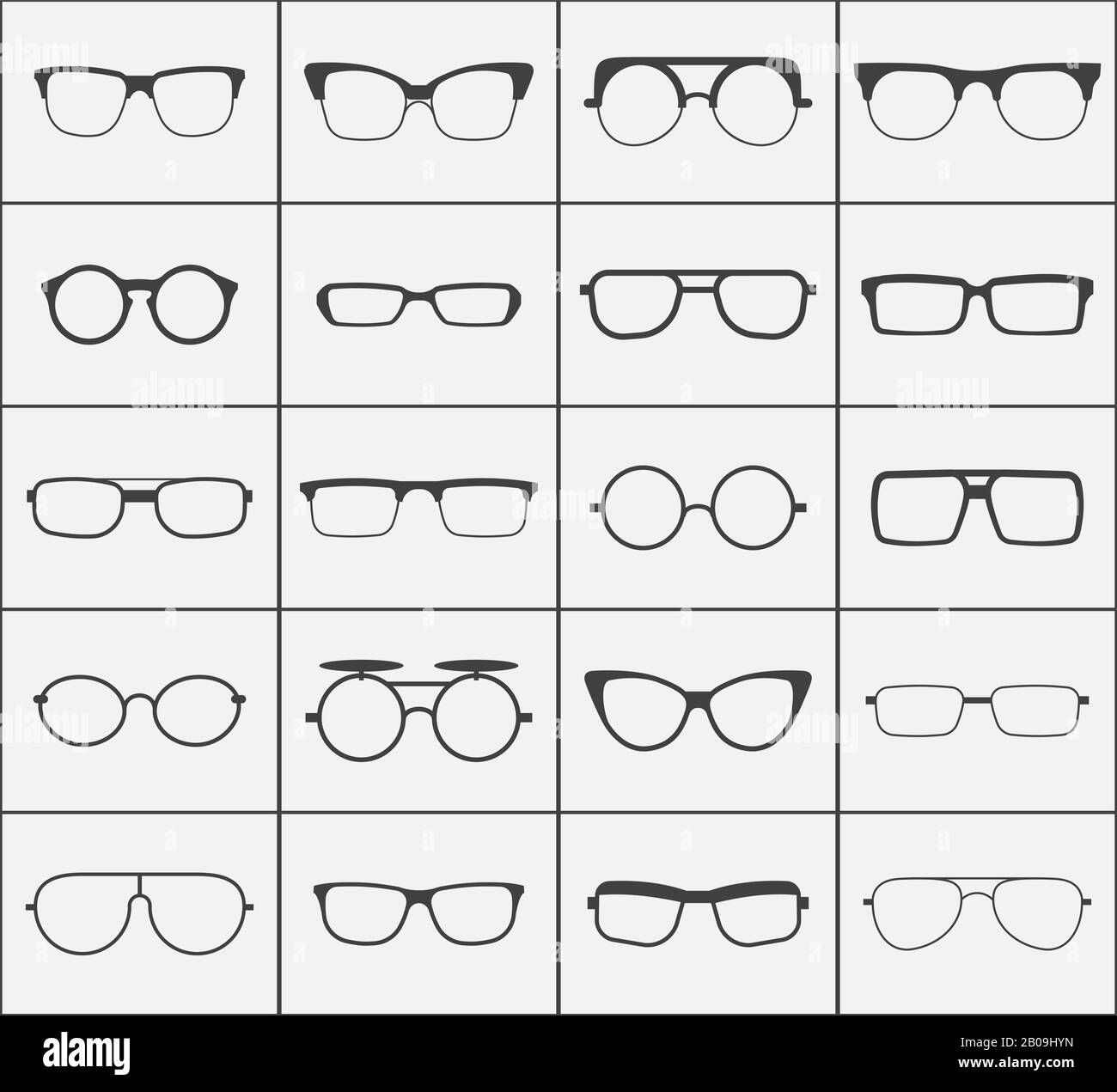 Satz von Vektorgläsern in schwarz über weiß. Kollektion von Hüftbrillen Illustration Stock Vektor