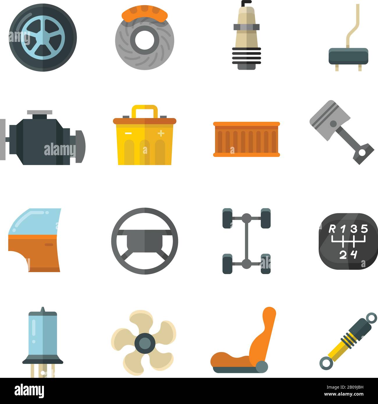 Fahrzeugauto-Technologie, Autoteile flache Vektorsymbole. Rad und Batterie für das Auto, Abbildung von Fahrzeugfilter und -Bremse Stock Vektor