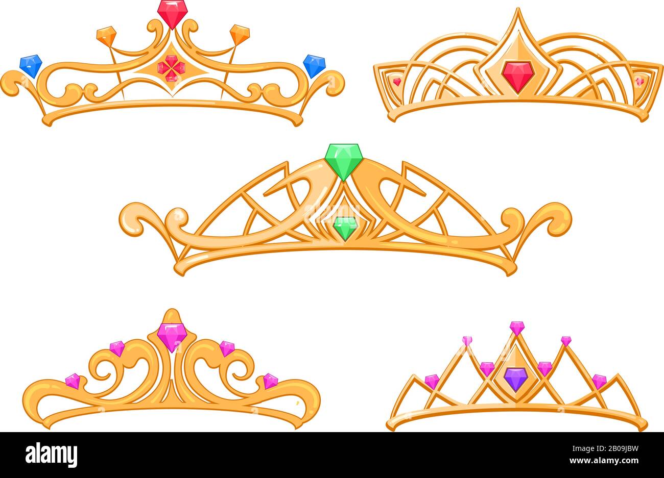 Vector Princess Kronen, Tiaras mit Edelsteinen Cartoon Set. Luxuriöse Königskrone mit Edelstein, Illustration von modischen goldenen Kronen Stock Vektor