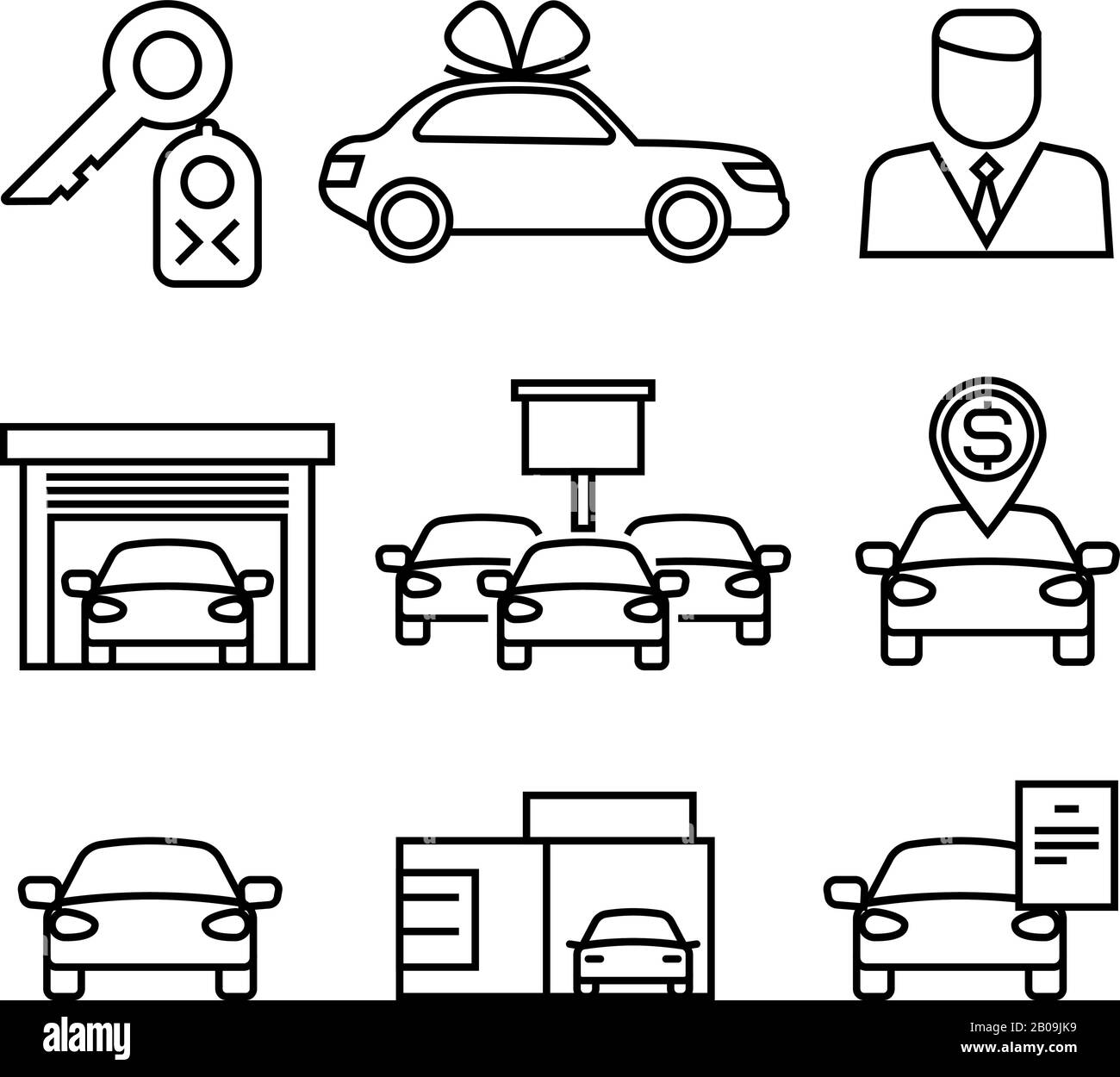 Autohäuser, Kauf und Verkauf von Pkws Linienvektor-Icons für den Automobilhandel, Händlerautoverkauf Illustration Stock Vektor