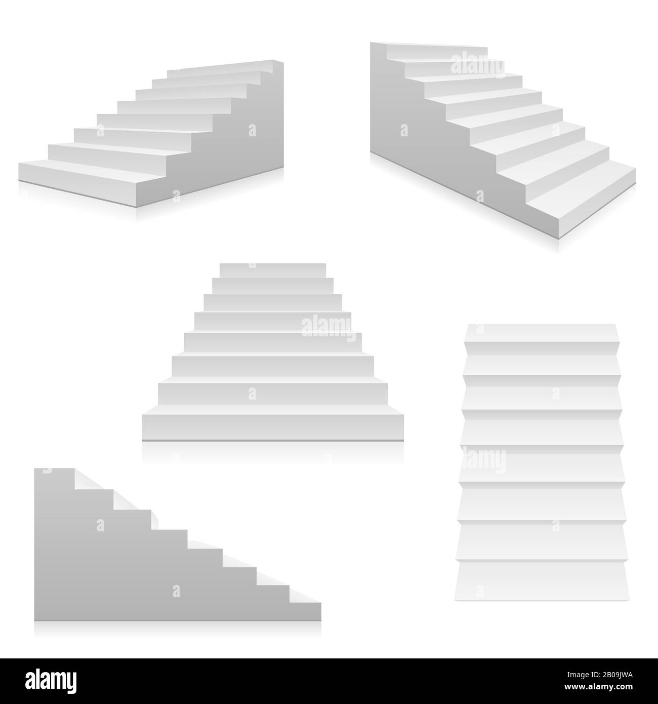 Weiße Treppen, 3D-Innentreppen isoliert auf weiß. Sammlung von Vektorschritten. Treppenaufgang für Innenansicht isoliert auf weißem Hintergrund Stock Vektor