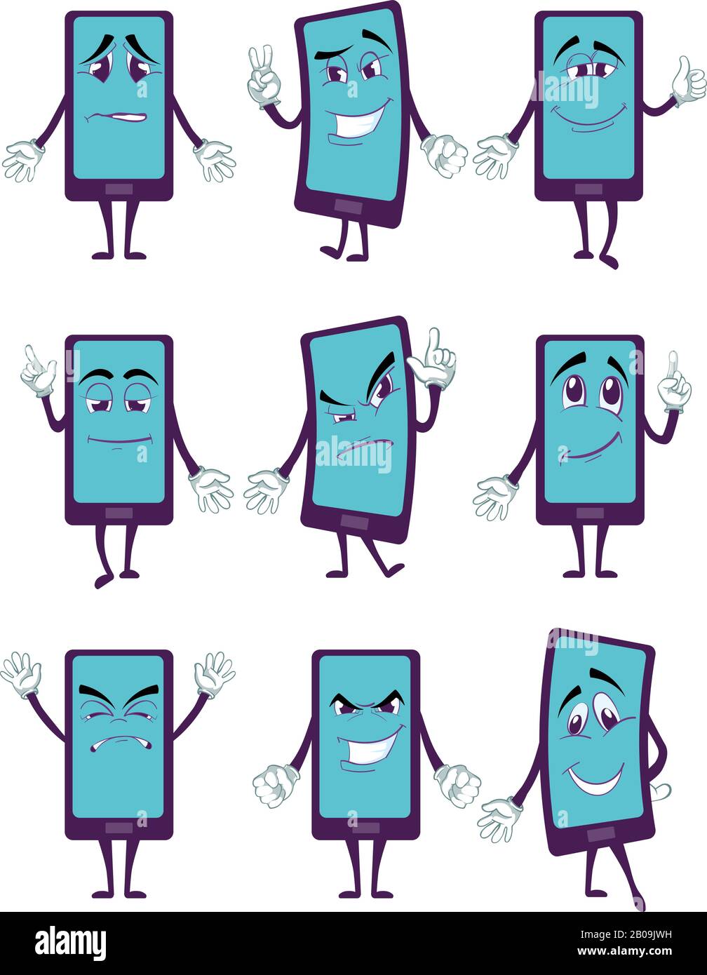 Fröhliche Smartphone-Zeichentrickfigur mit Beinen und Händen in verschiedenen Posen Vektorsatz. Handy mit Happy Face, Handy zur Veranschaulichung der Kommunikation Stock Vektor