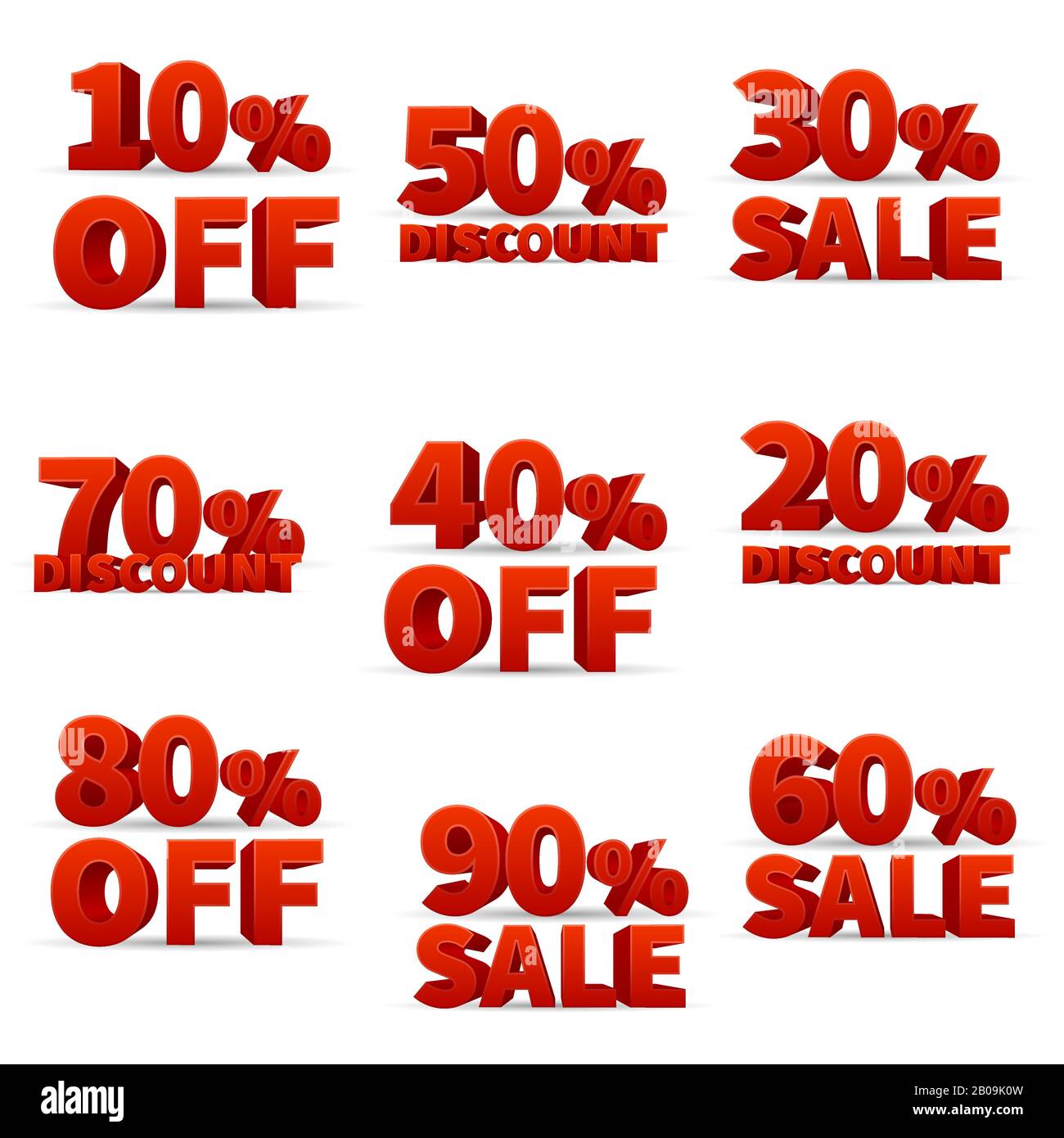 Werbe-Rabatt-Store-Zeichen mit einem prozentualen Rabatt auf Vektorbestände. Rabattsatz für den Einzelhandel, Abbildung der großen Rabatte in Rot Stock Vektor