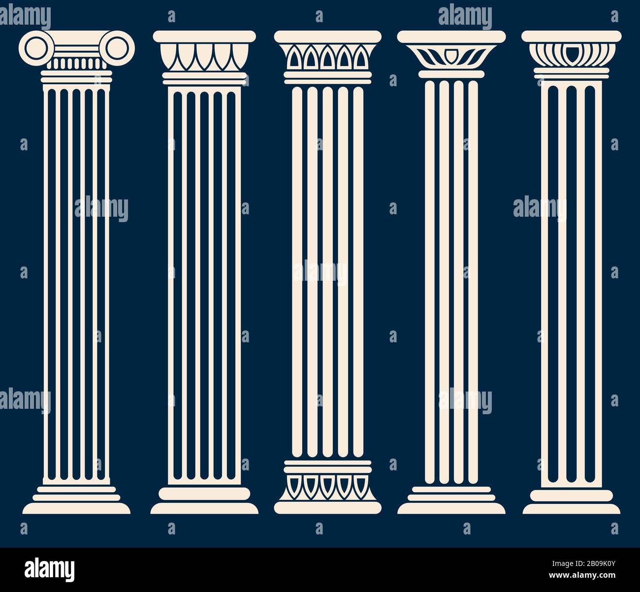 Vektorsatz für Spalten der klassischen römischen, griechischen Architektur. Bildsäule zur Dekoration, Illustration alter historischer Säulen Stock Vektor