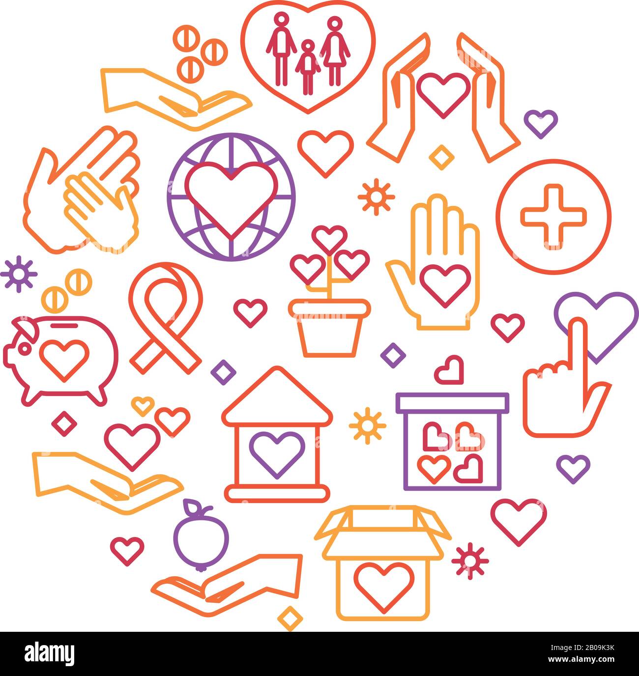Charity, Care, Help Vector Concept, gemeinnützige Organisation und Logo für Freiwillige. Rundes Abzeichen für die Spendenorganisation, Abbildung der Handspende Stock Vektor