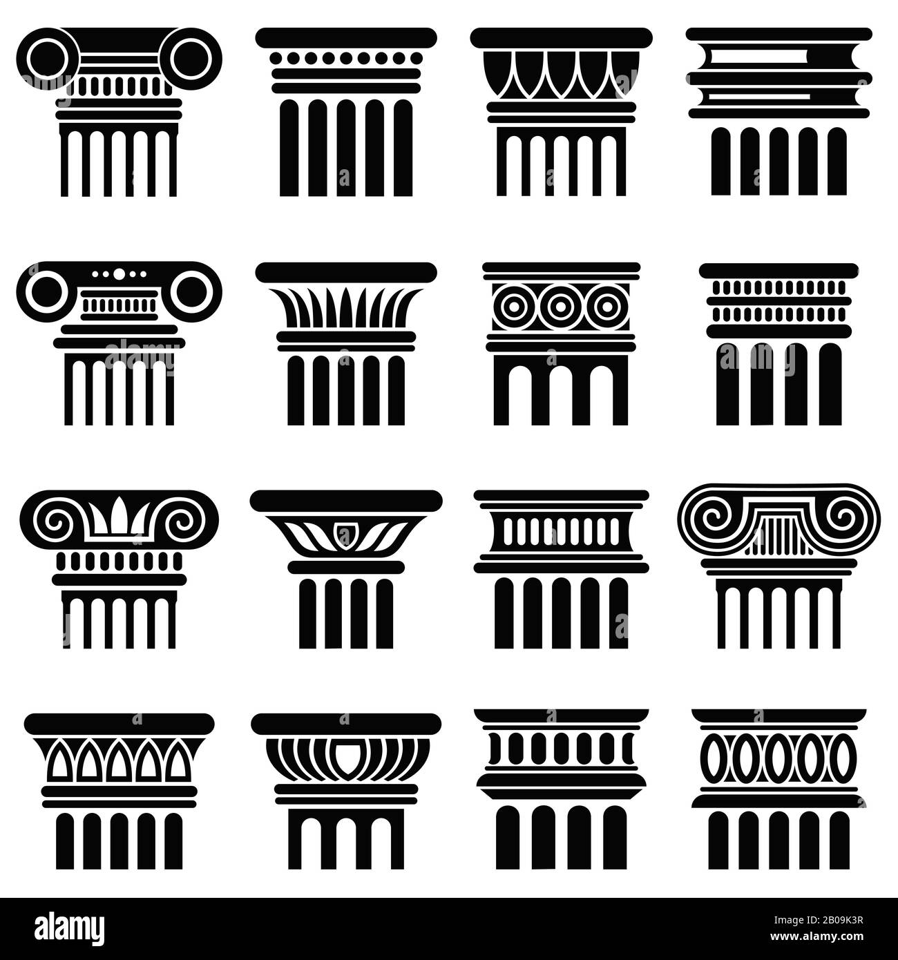 Säulenvektor-Ikonen der römischen Architektur. Schwarze Silhouettensäule, altklassische griechische Säulenabbildung Stock Vektor