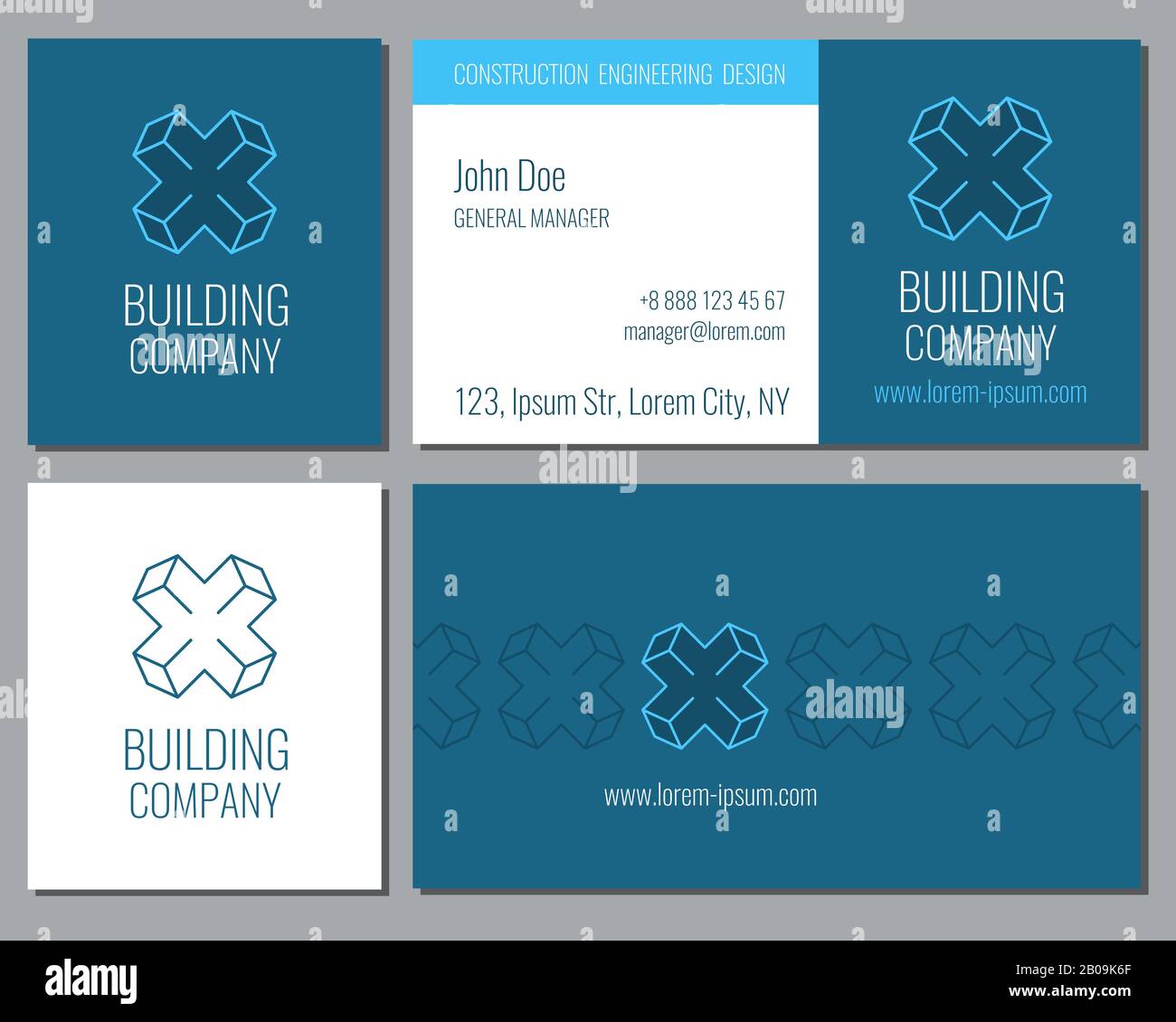 Kreative Visitenkartenvektorvorlage mit 3D-Firmen-Sechskant-Logo. Bauunternehmen mit geometrischem Logo Emblem, Abilustration von Karte mit Logo für Bauunternehmen Stock Vektor