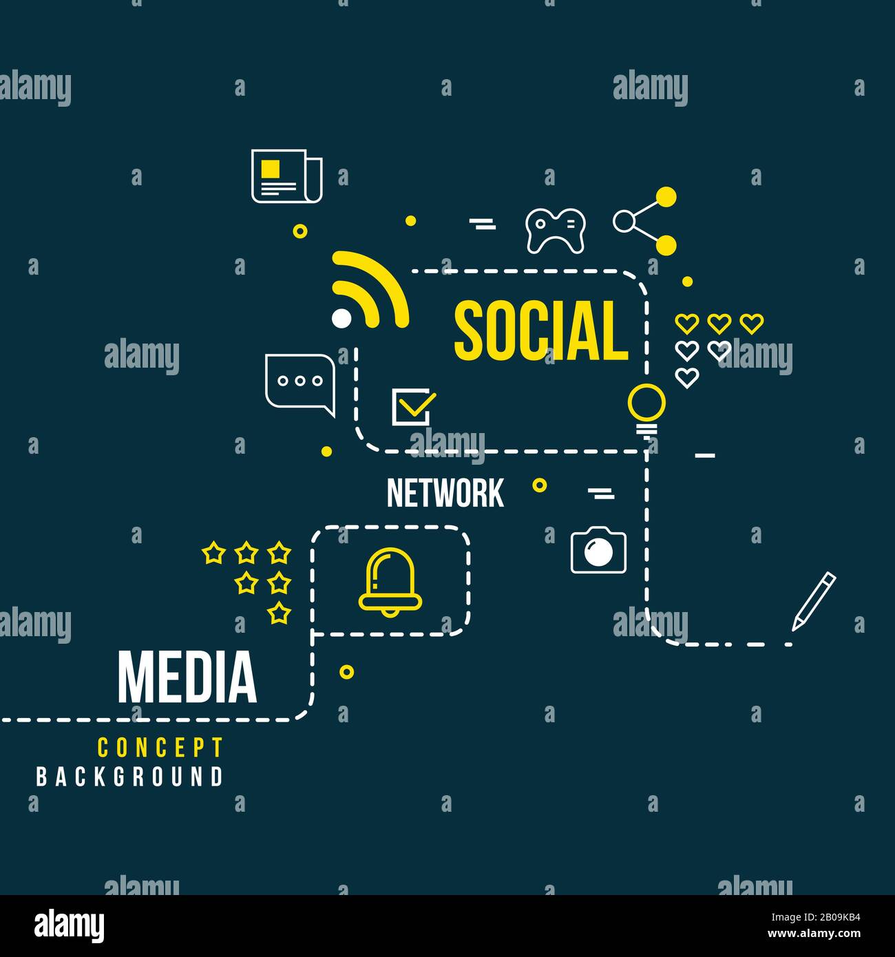Abstraktes soziales Community-Netzwerk, interaktives Medien-Vektorkonzept. Schema des sozialen Netzwerks, Abbildung des Mediennetzes Stock Vektor