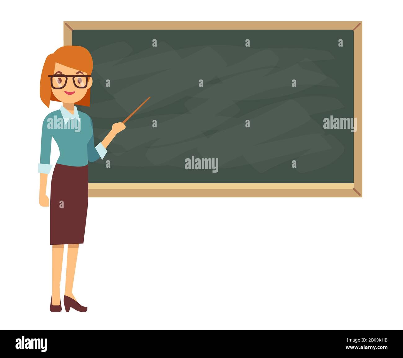 Junge Lehrerin im Unterricht an der Tafel im Klassenzimmer. Lehrer mit Zeiger, Lehrer an Bord zeigen. Vektor-illustration Stock Vektor