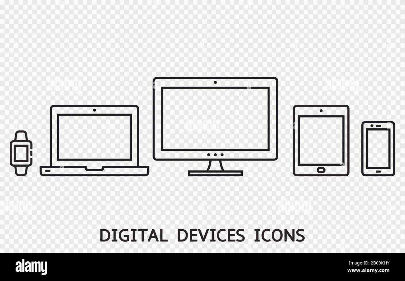 Symbole für reaktionsschnelles Webdesign. Monitor, Laptop, Tablet-pc, Smartphone, Smart Watch. Isoliert auf transparentem Hintergrund Stock Vektor