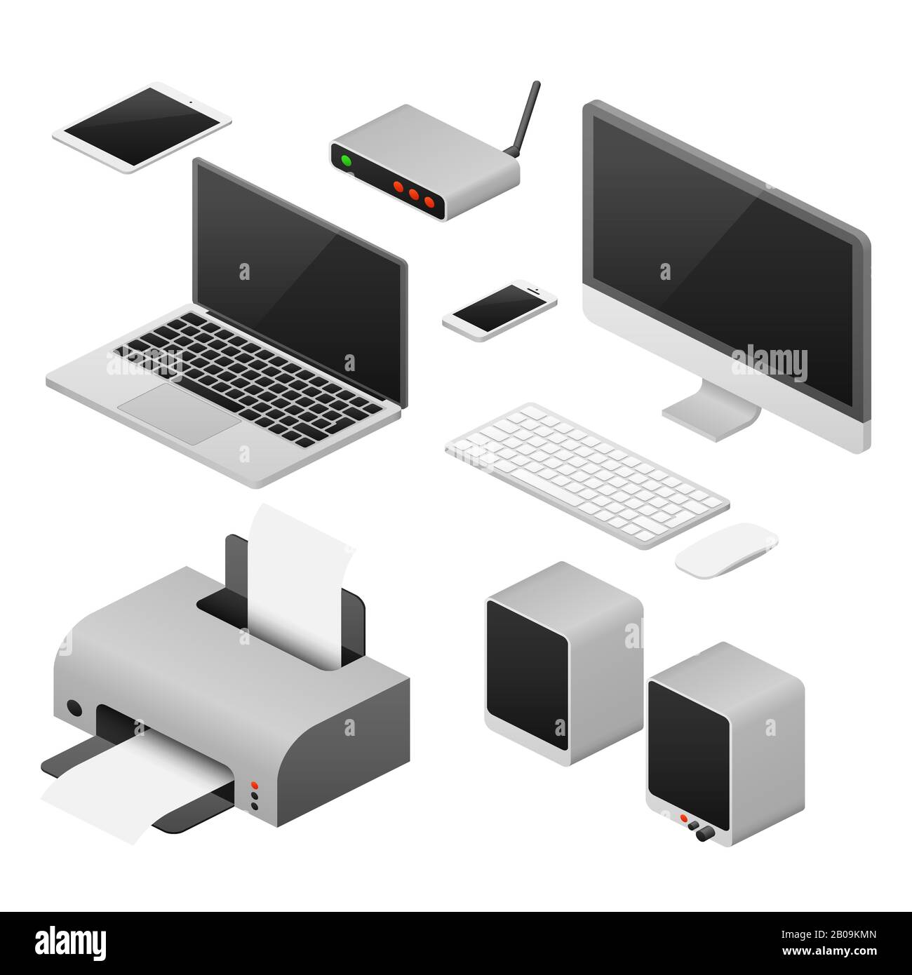 Isometrische digitale 3D-Vektorcomputer und Zubehör für den Büroarbeitsplatz. Arbeitsplatz mit Laptop, Lautsprecher und Drucker, Abbildung des digitalen Geräts für die Arbeit Stock Vektor
