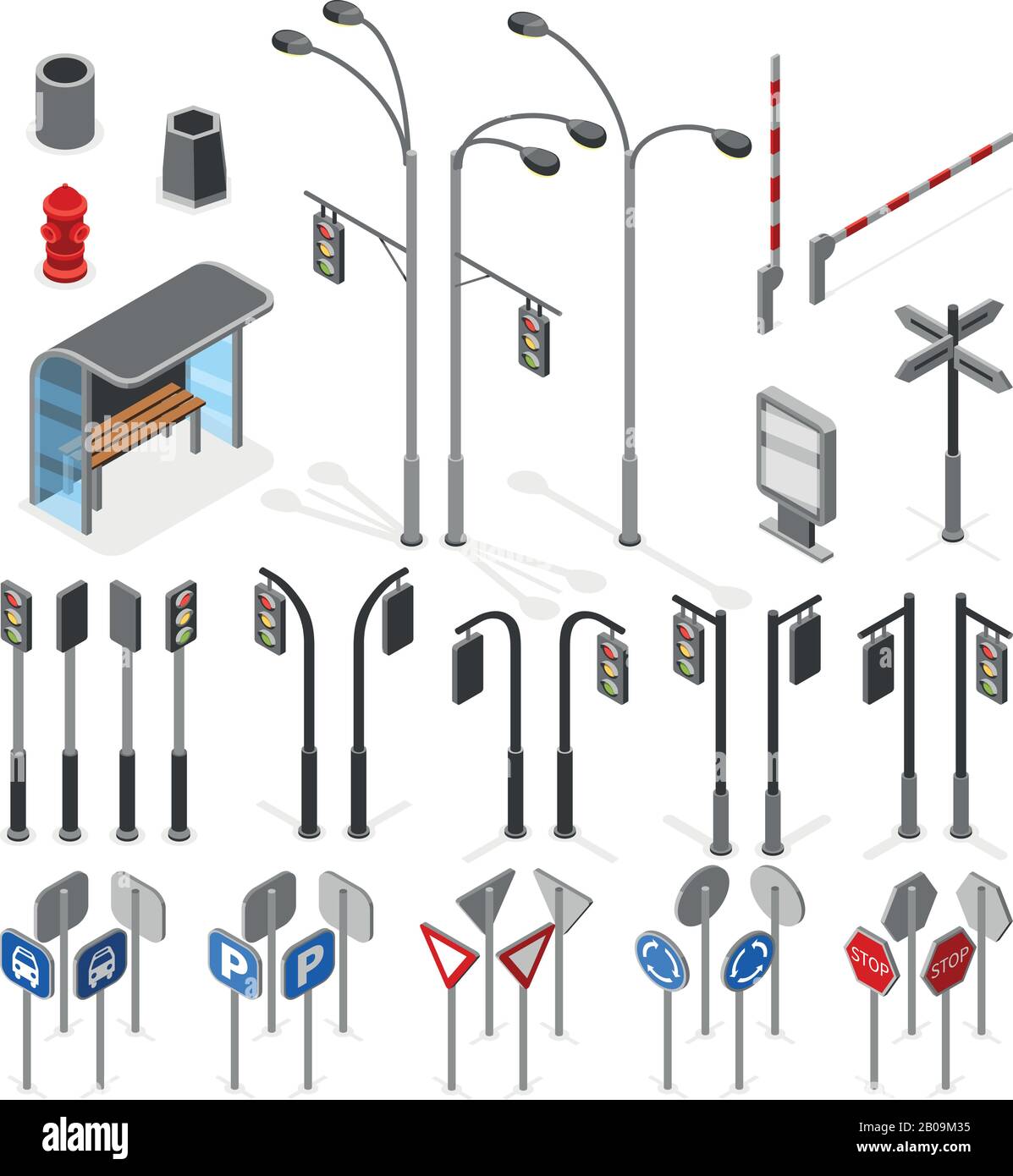 Isometrische 3D-Straßen- und Straßenvektorobjekte - Symbole festgelegt. Verkehrszeichen, Abbildung des Verkehrszeichens Stock Vektor