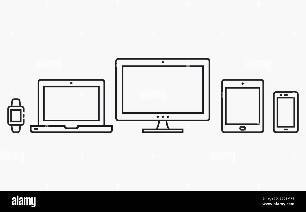 Symbolsatz für digitale Geräte. Vektordarstellung des reaktionsschnellen Webdesigns. Mobiltelefon, Tablet, Laptop, Desktop-Computer. Stock Vektor