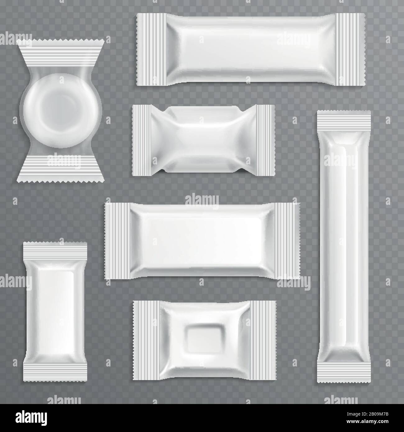 Weiße leere Polyethylenverpackungen aus Balken, Vektor-Set aus isoliertem Süßwarenpaket. Polyethylenpaket für Lebensmittelabbildung Stock Vektor