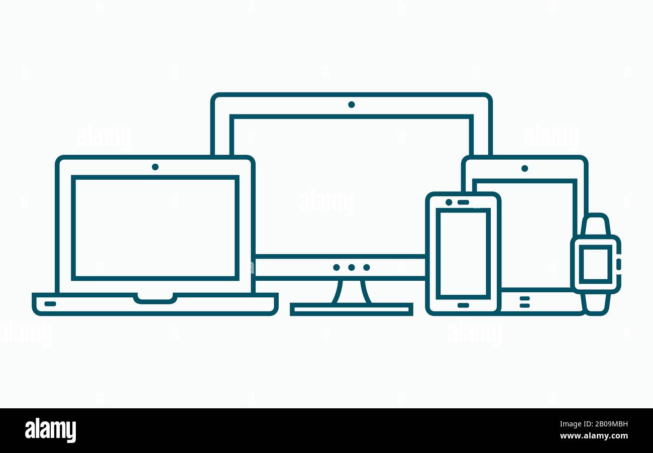 Lineare Vektordarstellung von Geräten für reaktionsschnelle Web-Programmierung. Computer, Laptop, Tablet, Telefon und Smartwatch im flachen Stil Stock Vektor