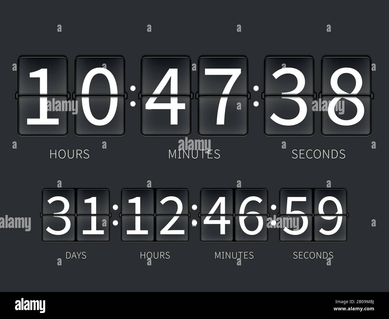 Countdown-Timer spiegeln, Stundenplan. Vector Time Panel für AirPort, Abbildung des Flip-Timers mit Tagen und Stunden Stock Vektor