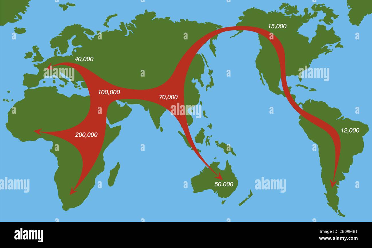 Migrationswege durch Menschen aus afrika vor 200.000 Jahren, mit sich bewegender Richtung und Zeit der Besiedelung auf den Kontinenten. Globale Verbreitung von Menschheitsdiagrammen. Stockfoto