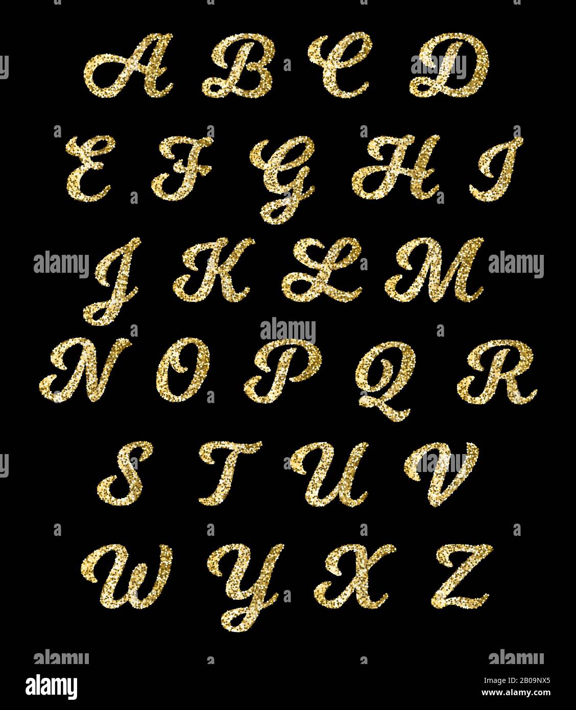 Goldenes Glitzeralphabet, Goldschrift Vektorbuchstaben mit Glitzereffekt. Modeglitzeralphabet, Abbildung des glitzernden goldenen Alphabets Stock Vektor