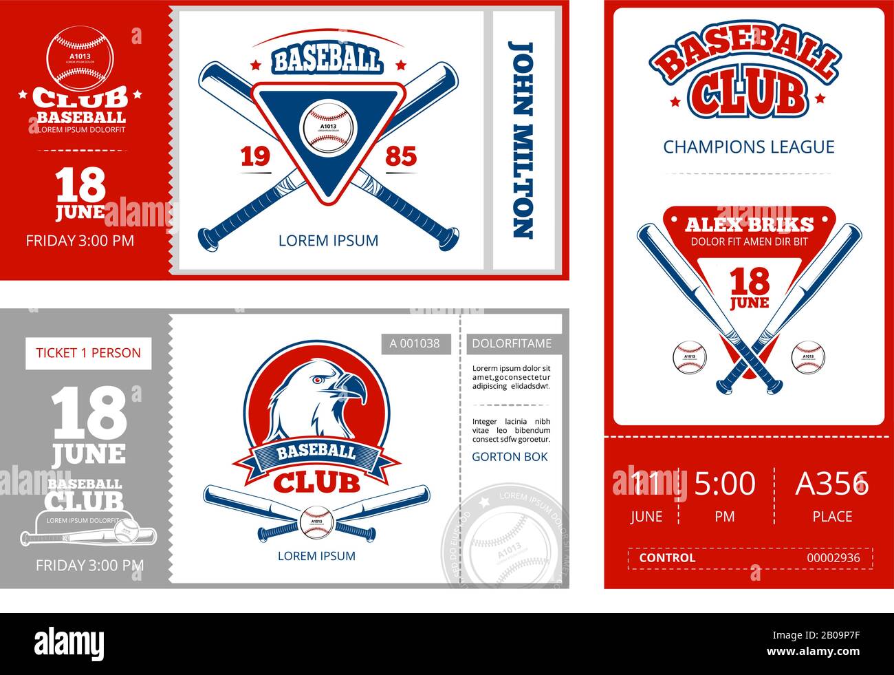 Vektordesign für Baseball-Sporttickets mit Emblemen des Baseball-Teams im Vintage-Stil. Vorlage für die Meisterschaft-Illustration der Baseball-Tickets Stock Vektor