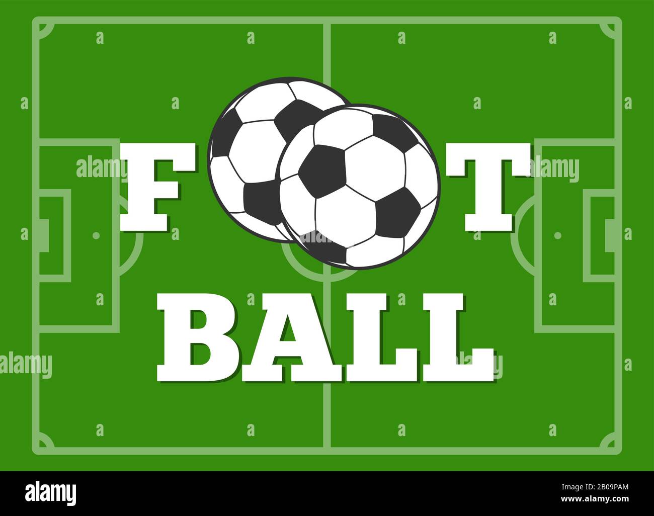 Fußball-Buchstaben und Baller-Grün-Feldvektorillustration. Mannschaft des Fußball-Spiels Stock Vektor