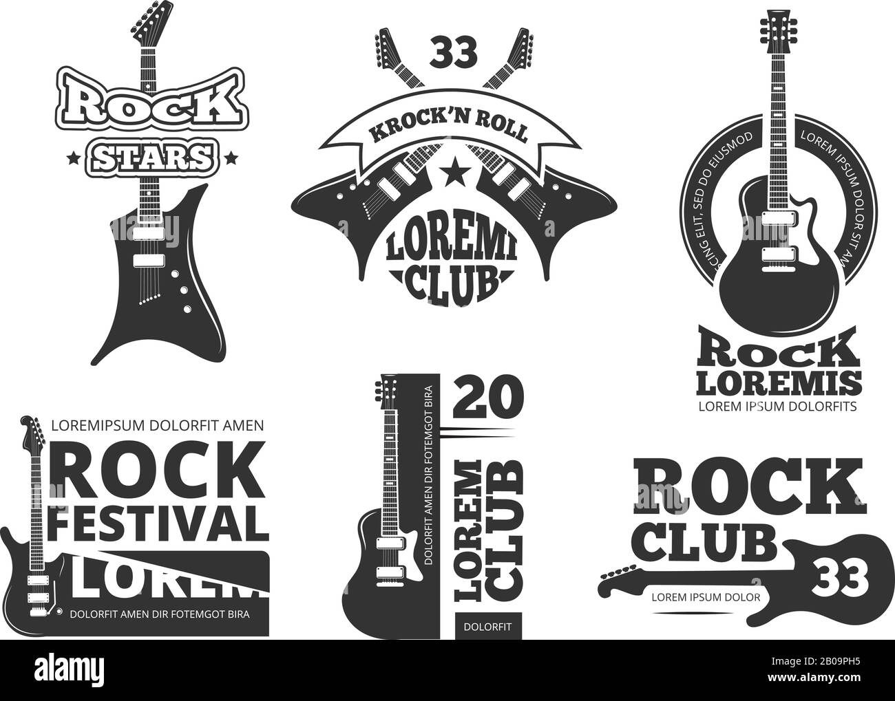 Vintage Heavy Rock, Jazzband, Gitarrenladen, Musikvektorlogos und Labels mit akustischen Gitarren. Embleme für Rockband oder Rockfestival mit E-Gitarre Illustration Stock Vektor