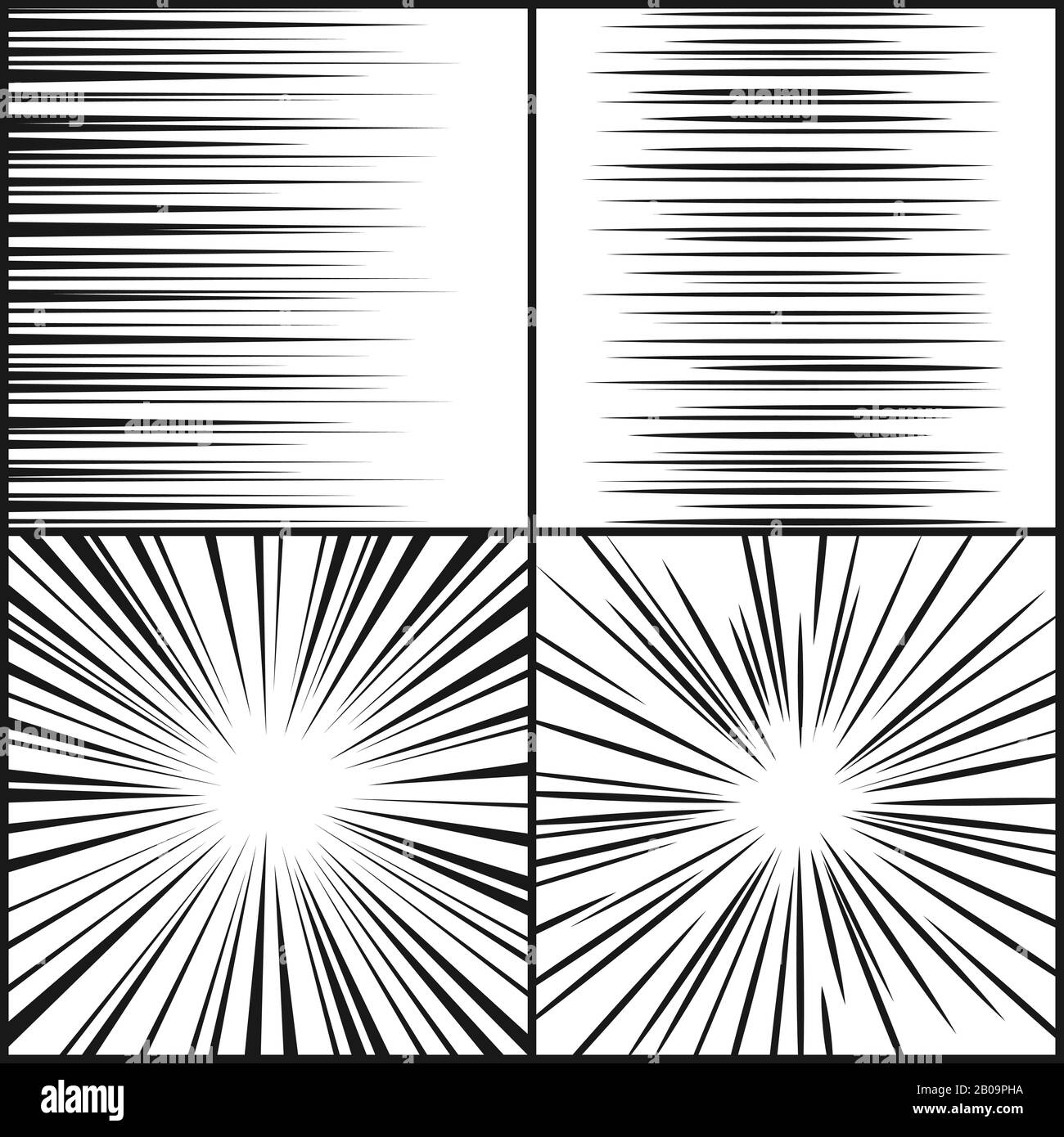 Geschwindigkeitslinien, Motion Strip Manga-Comic horizontale und radiale Wirkung Vektor-Set. Radial abstrakte Geschwindigkeitslinie von Bewegung, Abbildung der Zeichnung radialer Textur Stock Vektor