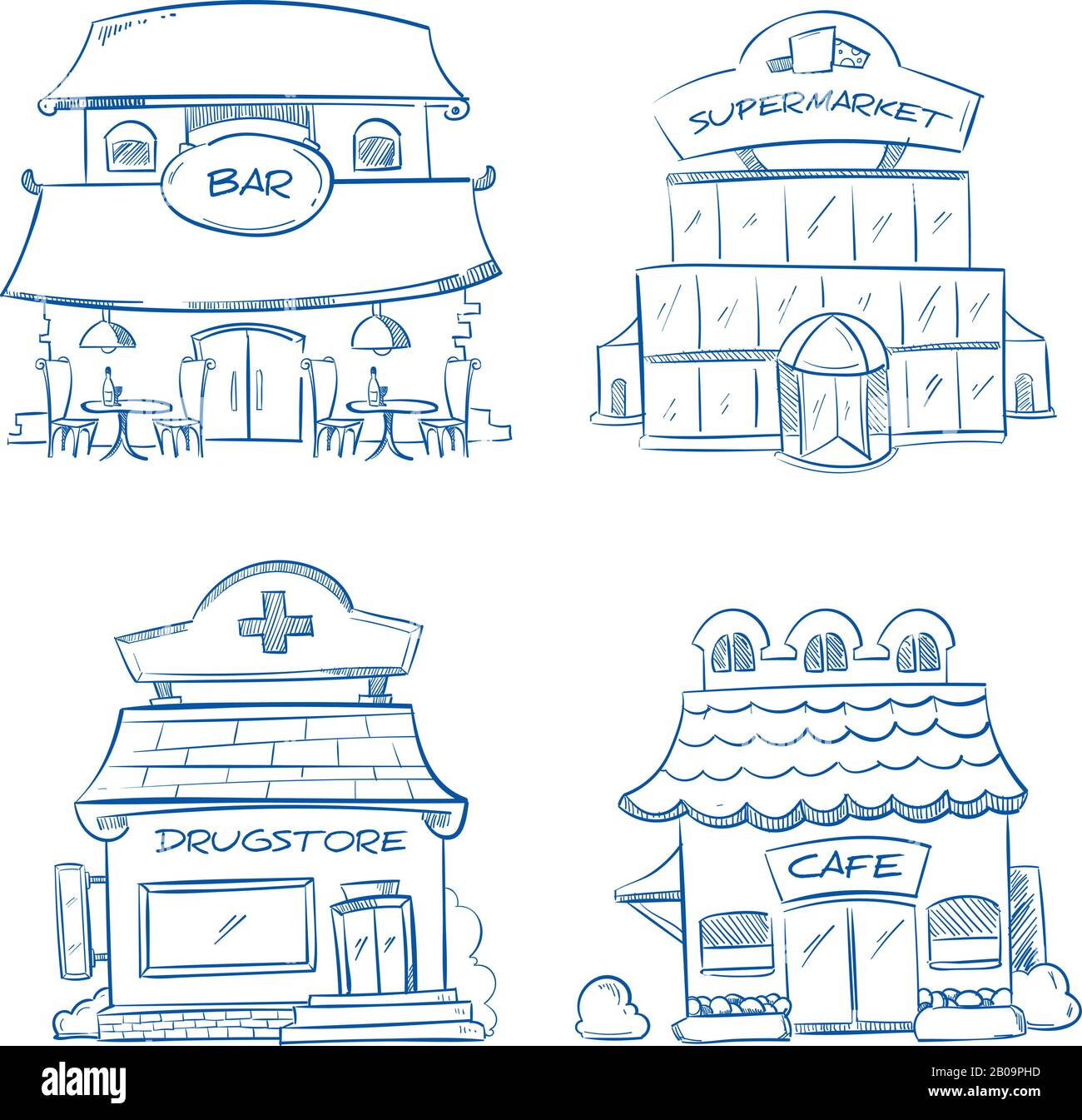 Doodle Gebäudefassade aus Geschäft, Bar, Café, Einkaufszentrum, Apotheke. Handgezeichnete Vektorgrafiken. Gebäudefassade Drogerie und Bar, Skizze der Fassade Supermarkt und Café Stock Vektor