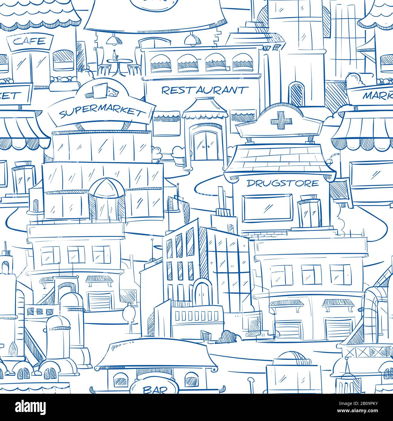 Stadt mit handgezeichneten Gebäuden Vektor Doodle Stadtpanorama nahtloser Hintergrund. Blick auf die Straße mit Restaurant und Café, Gebäude mit Supermarkt und Drogerie auf der Straße Illustration Stock Vektor