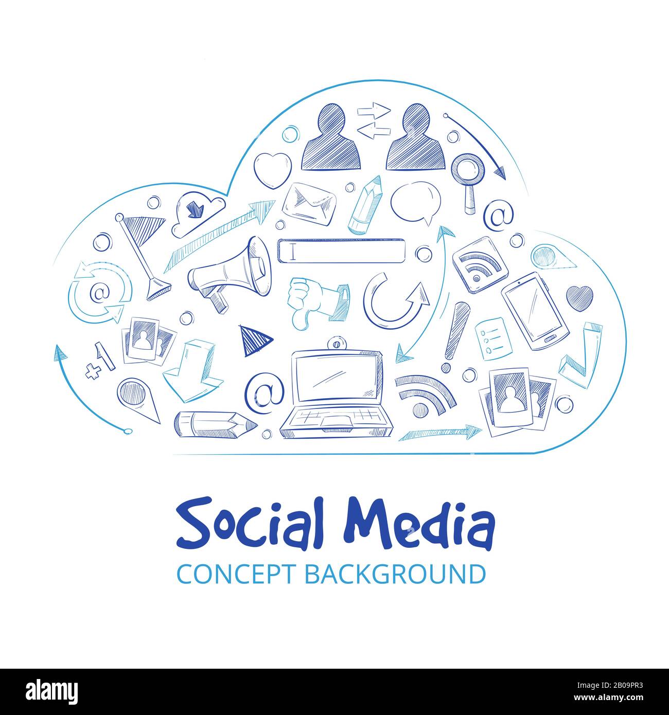 Handgezeichnetes Social Media-Netzwerk skizziert den Hintergrund des Vektorkonzepts. Cloud mit Symbolen für Skizzen in sozialen Medien Stock Vektor