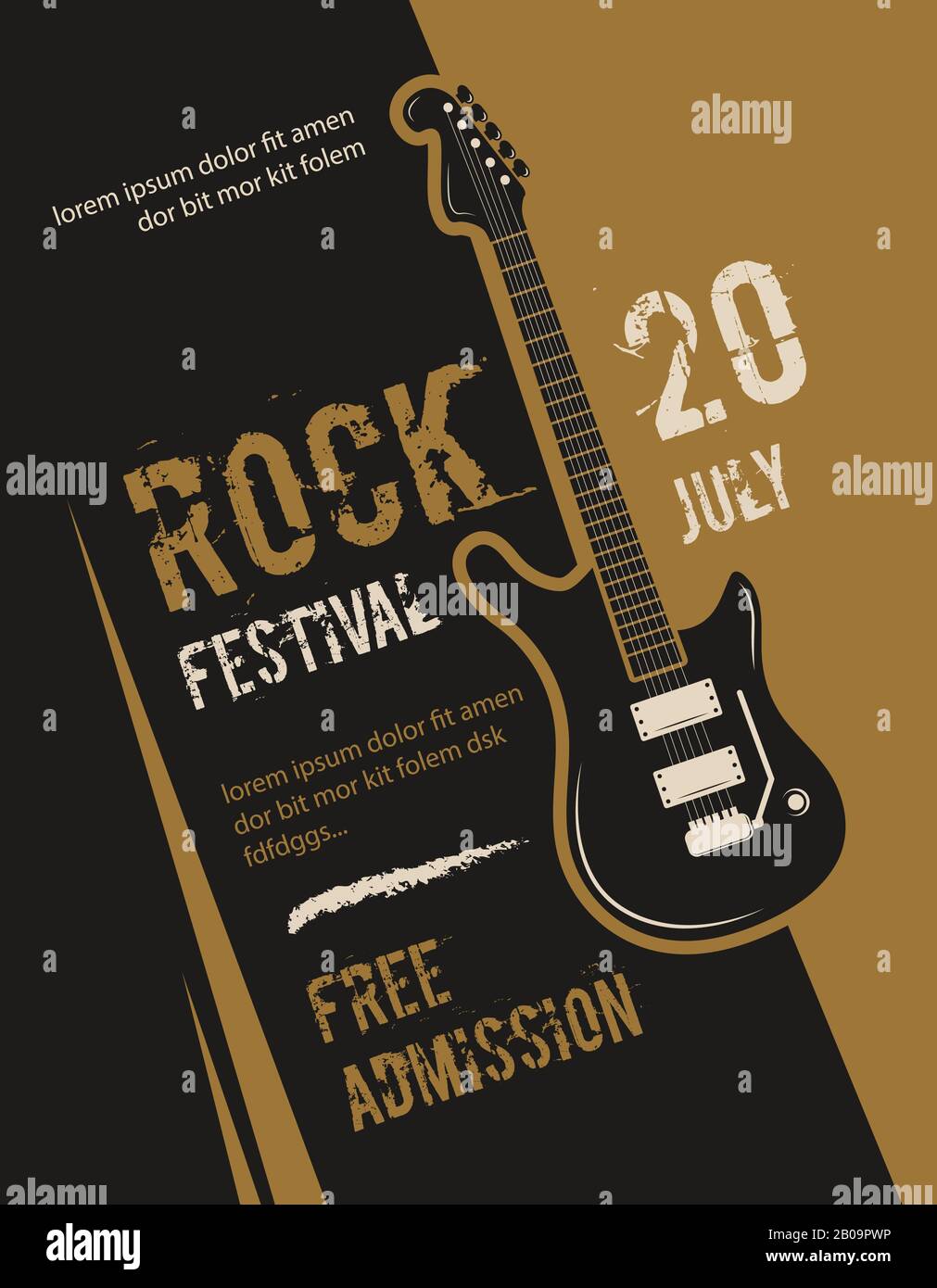 Retro Grunge Rock and Roll, Heavy Metal, Musik Festival Vector Poster Design. Banner Rockfestival, Illustration von Placard mit Rockgitarre Stock Vektor