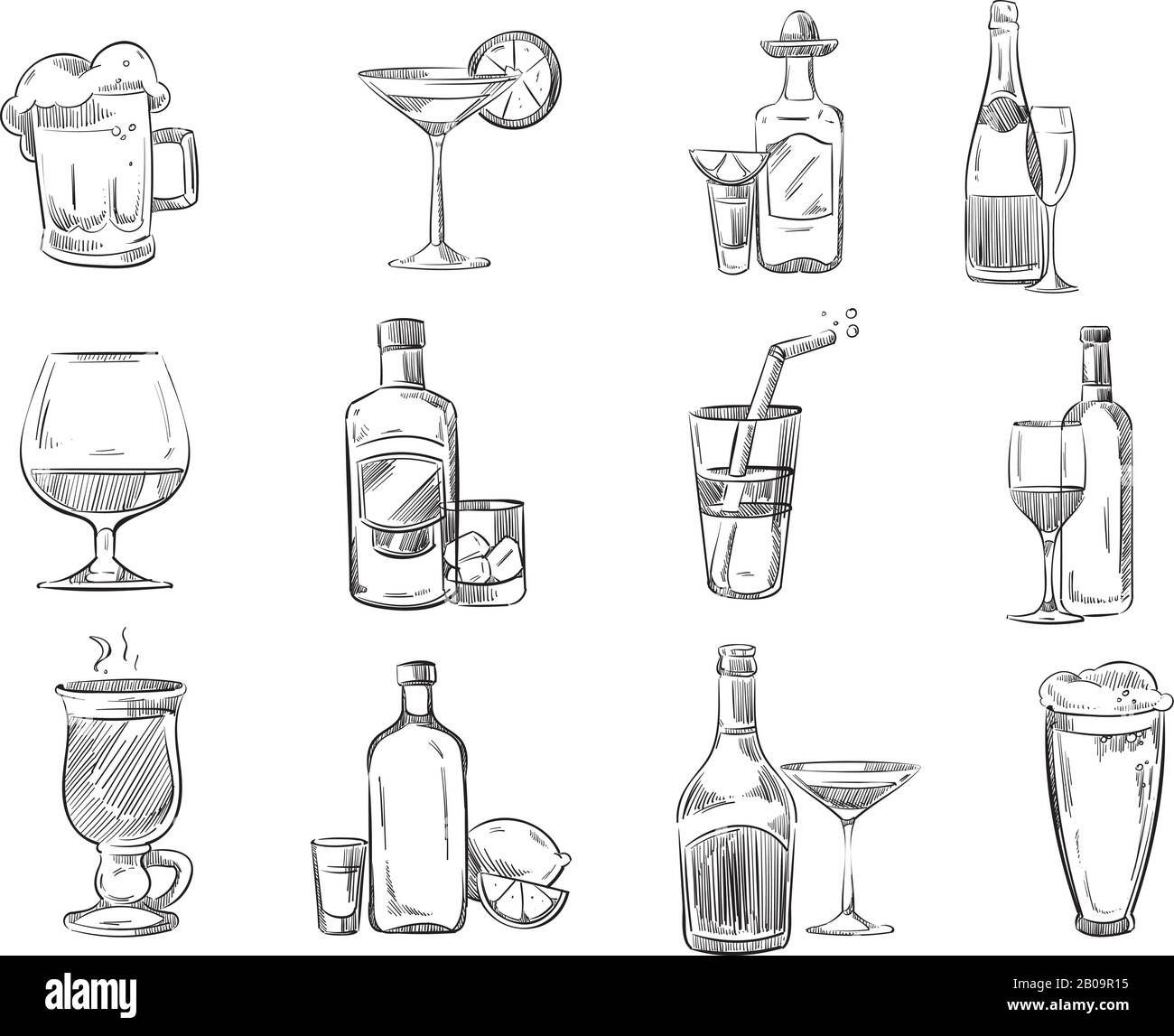 Doodle skizziert Cocktails und Alkoholgetränke aus Glas, handgezeichnete Vektorbestände. Set aus Alkohol, Cognac und Champagner, Glühweinalkohol in Glas-Illustration Stock Vektor