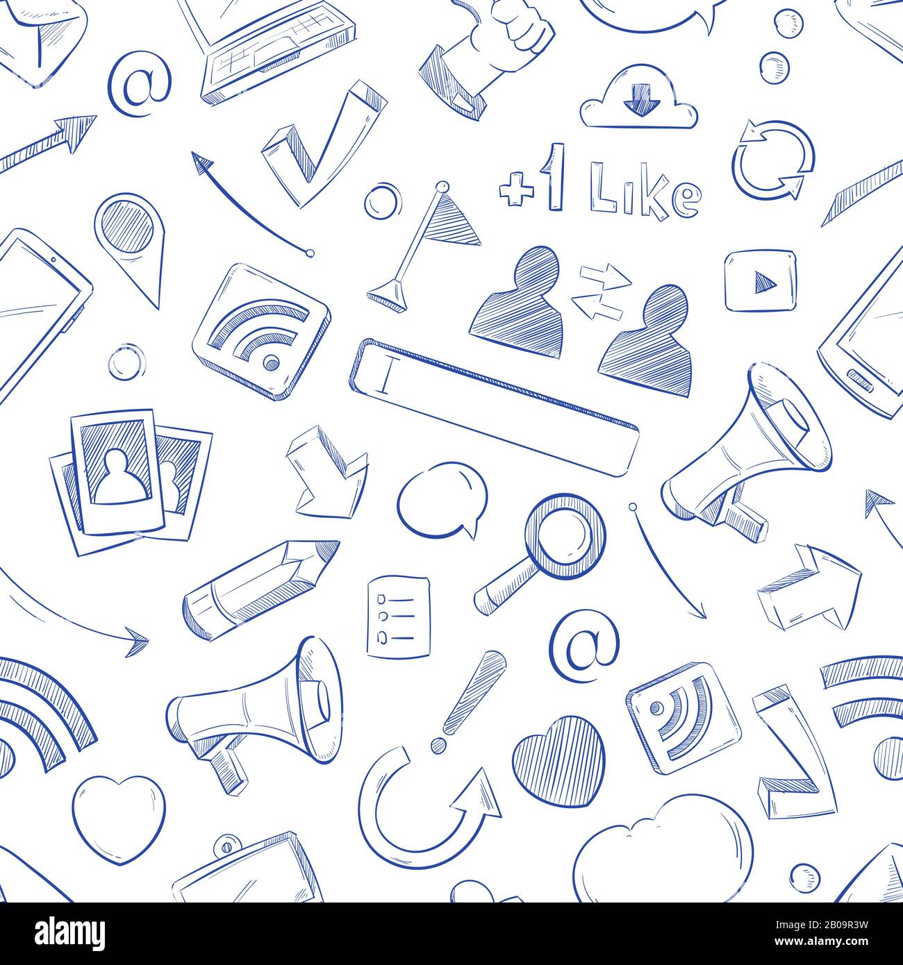 Doodle Social Media, Film, Musik, Nachrichten, Video, Online-Marketing, sms Vector Seamless Hintergrund. Medien-Social-Muster mit Skizzenelementen Bleistift und Megafonillustration Stock Vektor