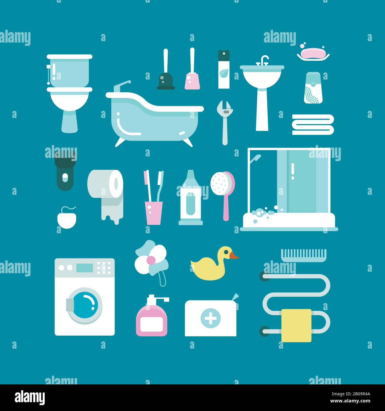 Sanitäranlagen, Hygiene-Vektorsymbole. Waschbecken, toilette, Paspel, Badezimmer. Elemente für Badezimmerdesign Waschmaschine und Handtuchzeichnung Stock Vektor