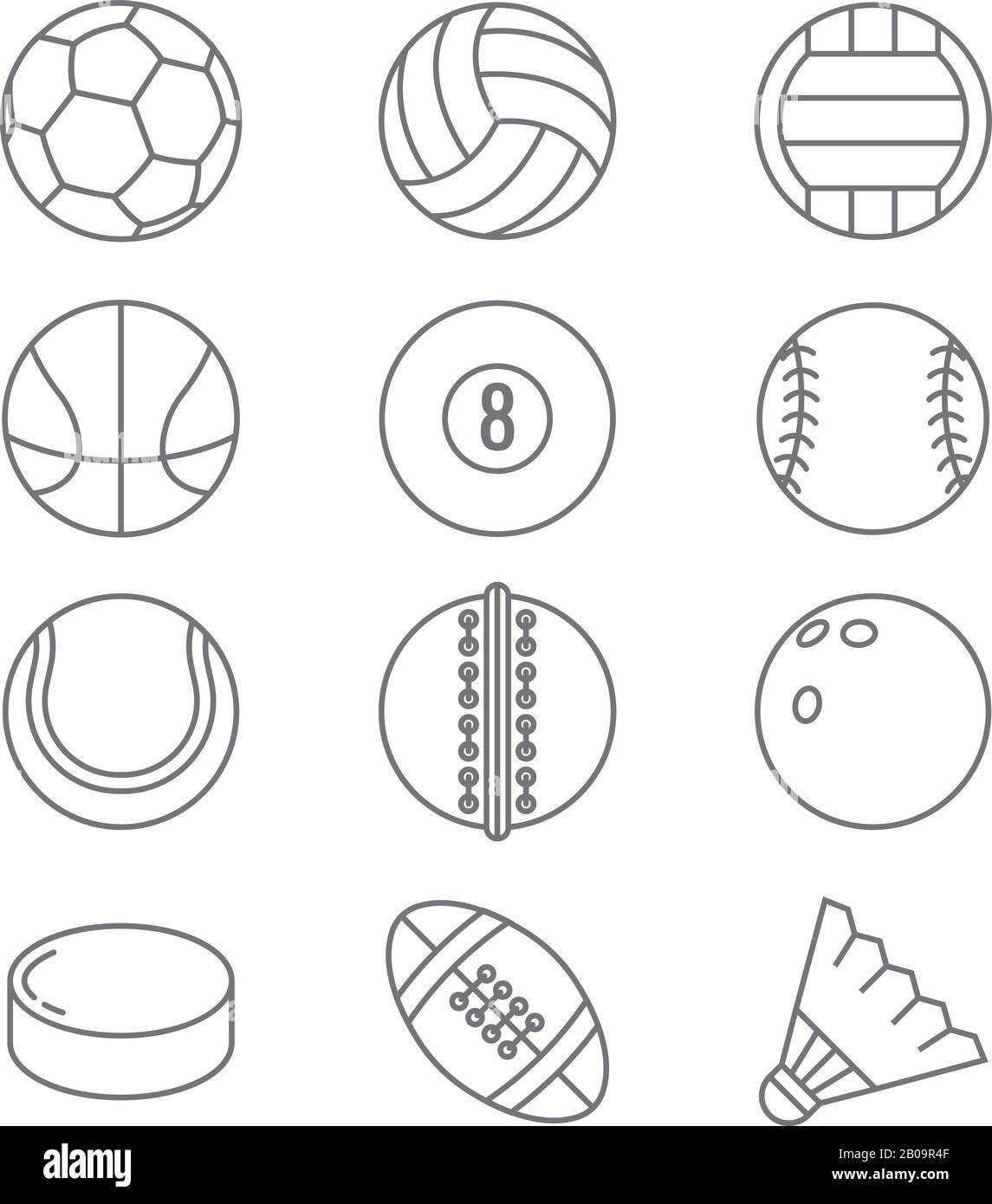 Sportbälle zeigen dünne Liniensymbole an. Abbildung: Basketball und Fußball, Tennis und Fußball, Baseball oder Bowling, Golf- und Volleyballspiele Stock Vektor
