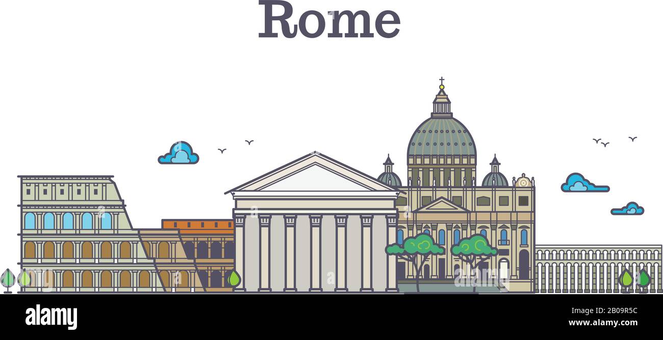 Linienkunst rom Architektur, italien Bauten Vektor Illustration. Uraltes Rom Panorama mit Denkmal und Arena kolosseum, rom Bauwerk berühmt Stock Vektor