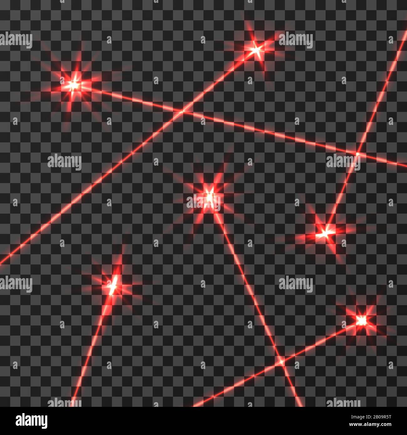 Roter Laserstrahl Vektor-Lichteffekt isoliert auf transparentem kariertem Hintergrund. Neon mit rotem Lichtstrahl, Abbildung des Technologiestrahllinieneffekts Stock Vektor