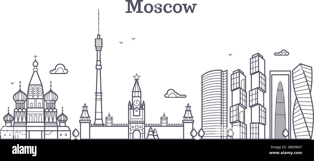 Moskau lineares russland Wahrzeichen, moderne Skyline der Stadt, Vektorpanorama mit sowjetischen Gebäuden. Moskauer Stadtlinie, Illustration der Zeichnung moskaus Stadt Stock Vektor