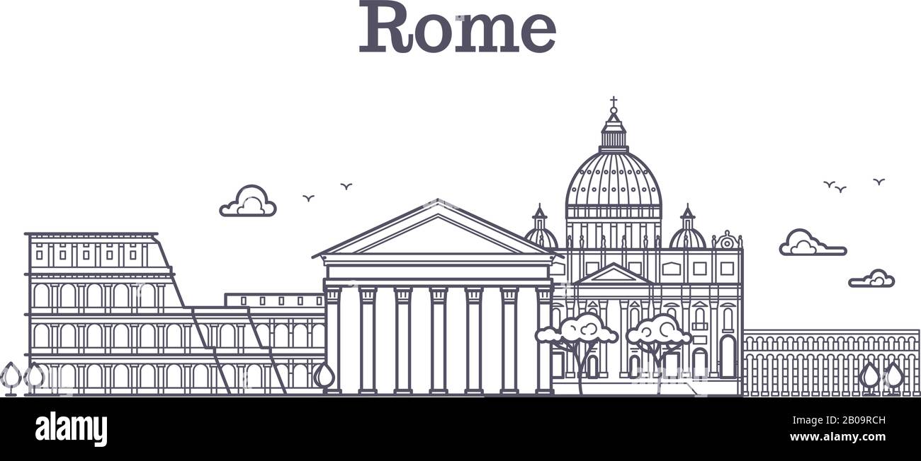 Italien rom Architektur, europa Skyline Vektor lineare Sammlung. Architektur der Stadt Rom, Pantheon-Gebäude, Illustration des berühmten denkmals von rom Stock Vektor