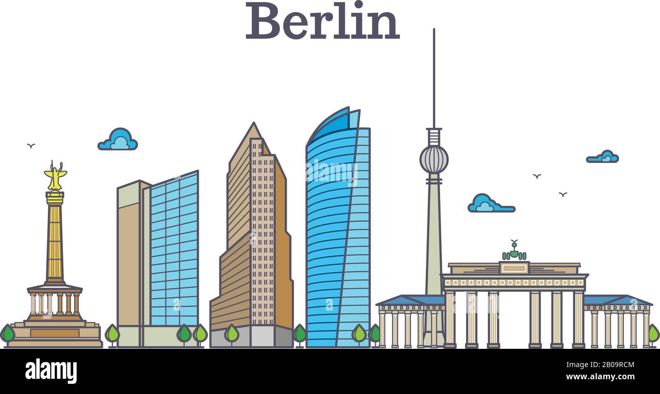 Berliner Silhouetten-Skyline-Panorama, Stadtlandschaft Vektor-Illustration. Berliner Stadtbauarchitektur, Berliner Panorama mit Turm und Haus Stock Vektor