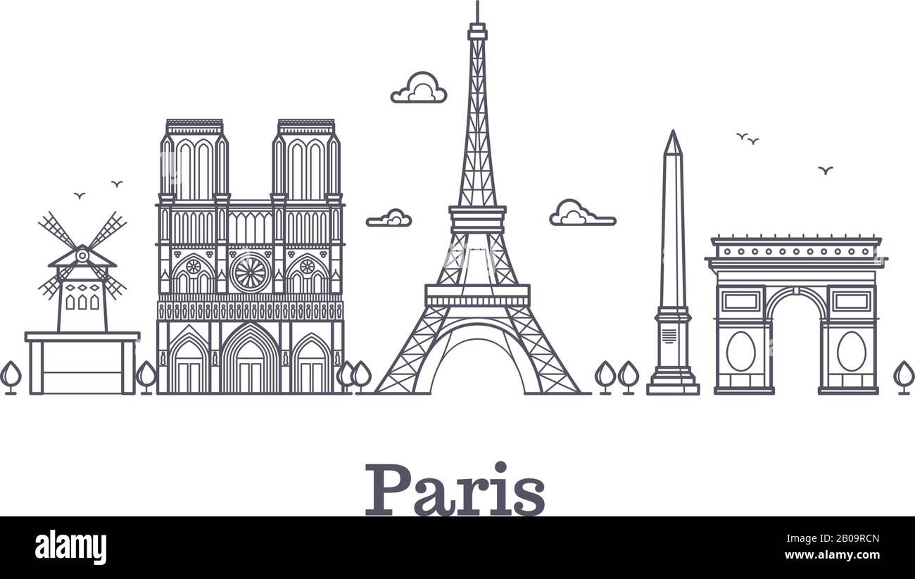 Französische Architektur, paris Panorama City Skyline Vector Outline Illustration. Paris lineare Architektur, berühmter pariser Ort Stock Vektor