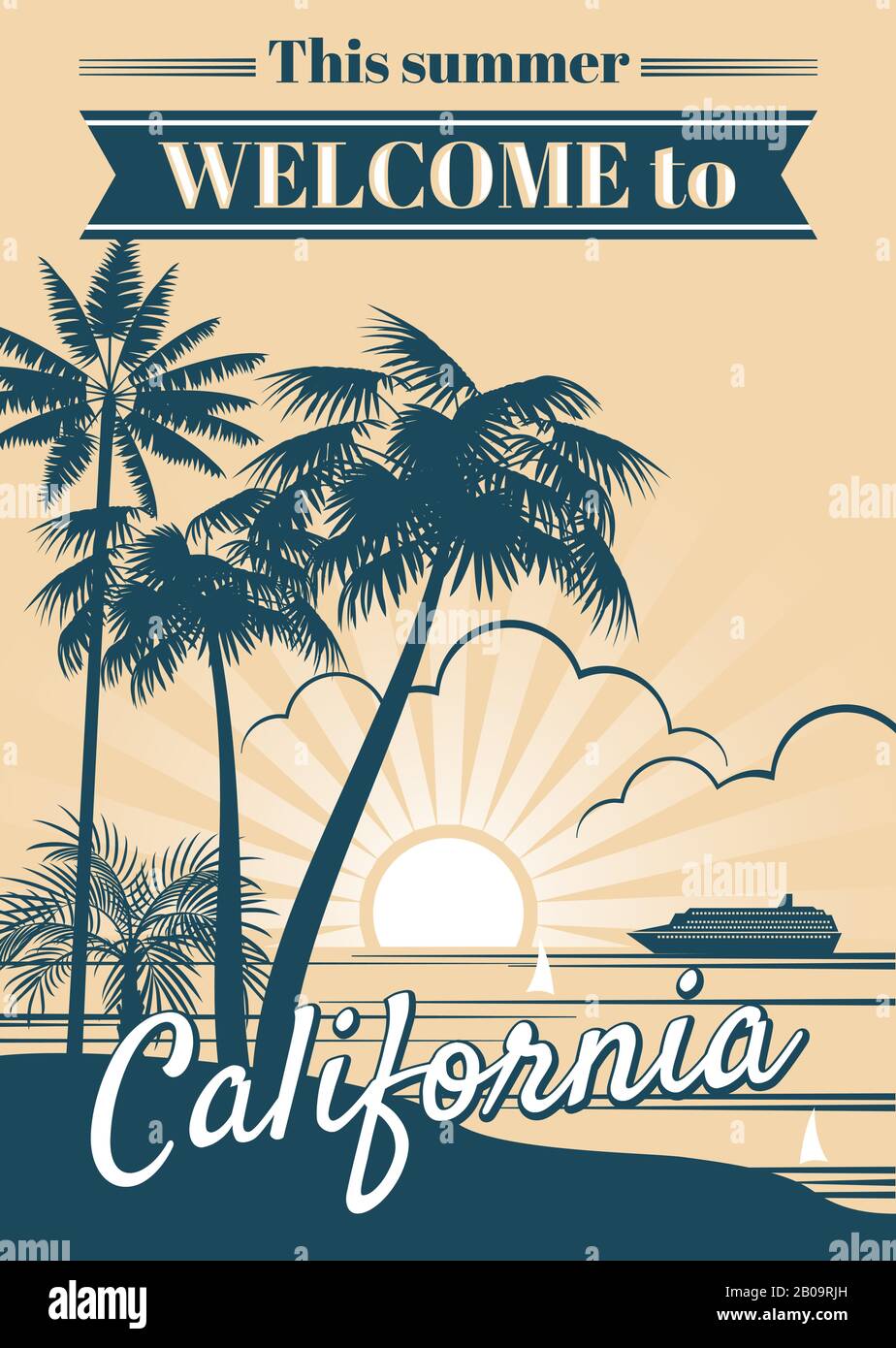 Vektorplakat der kalifornischen republik mit Palmen, Grafik zum Surfen im Sport-T-Shirt. Kalifornischer Sommerstrand mit tropischer Palme, Illustration des Banners Paradise Coast california Stock Vektor
