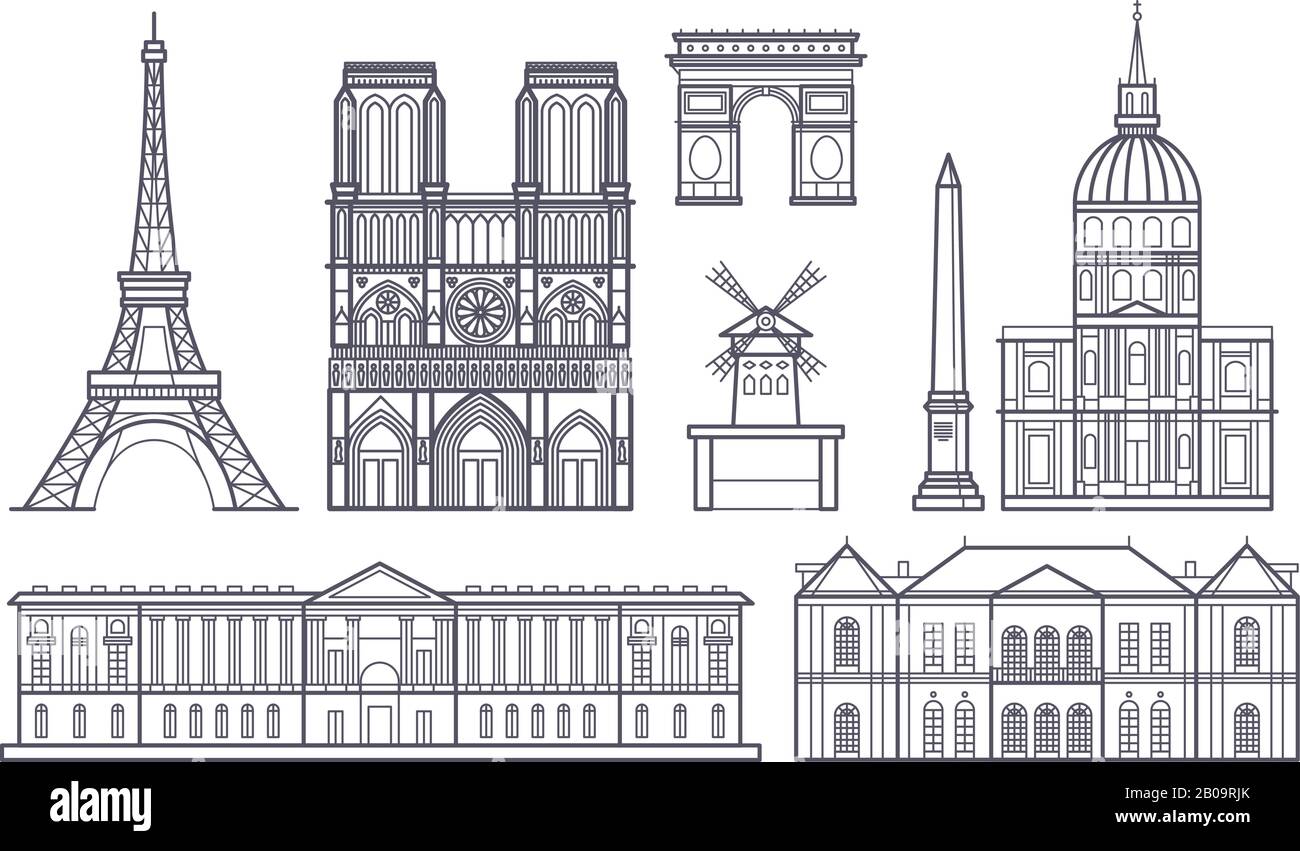 Umreißen sie die landschaft von paris, frankreich Vector Landmarks Icons. Pariser Wahrzeichen eiffelturm, Illustration der berühmten französischen Wahrzeichen montmartre und basilique notre dame Stock Vektor