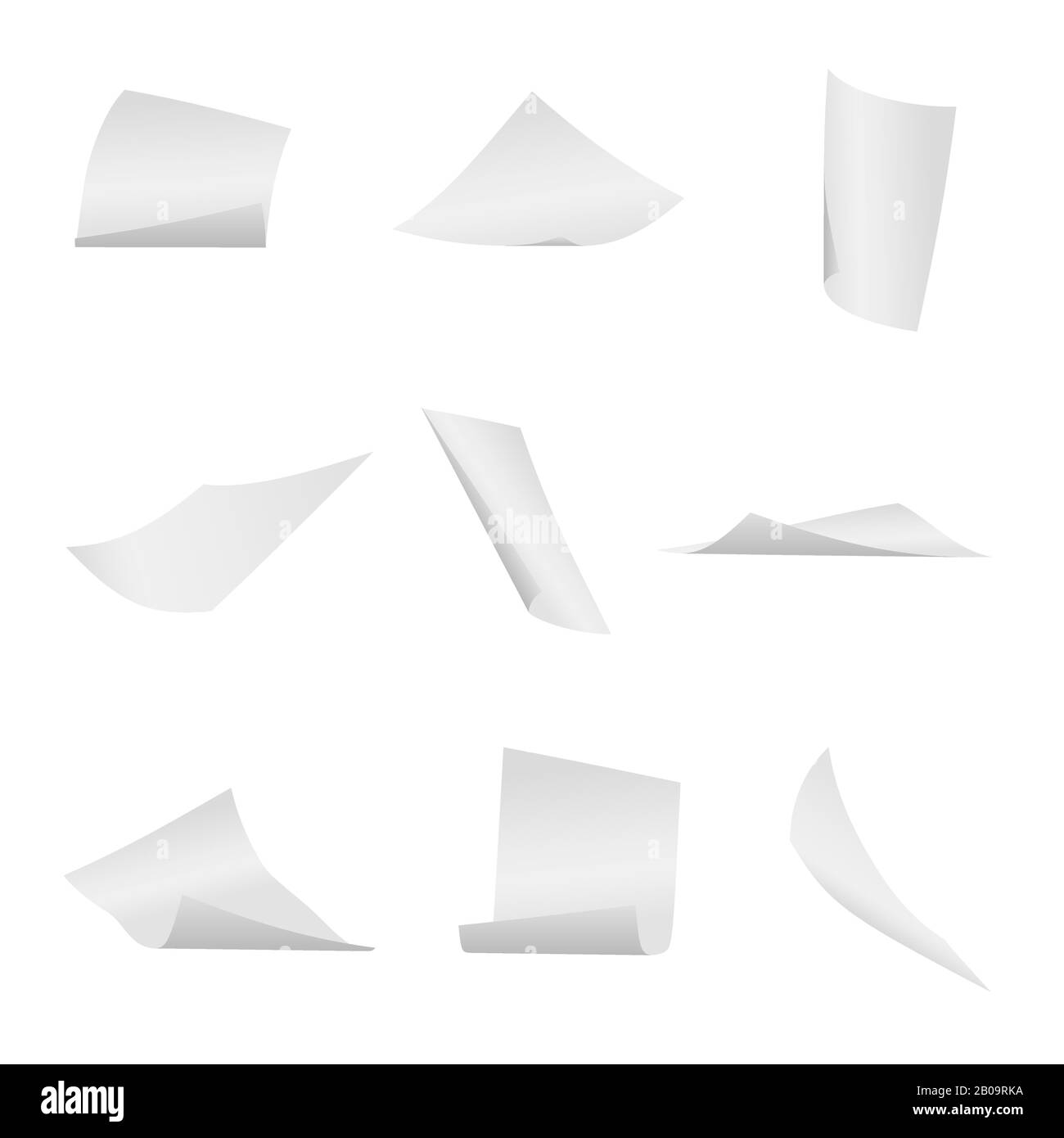 Vektorsatz für fliegende, fallende Büro-White-Paper-Blätter. Papierflug, Illusion von fliegendem Papier Stock Vektor