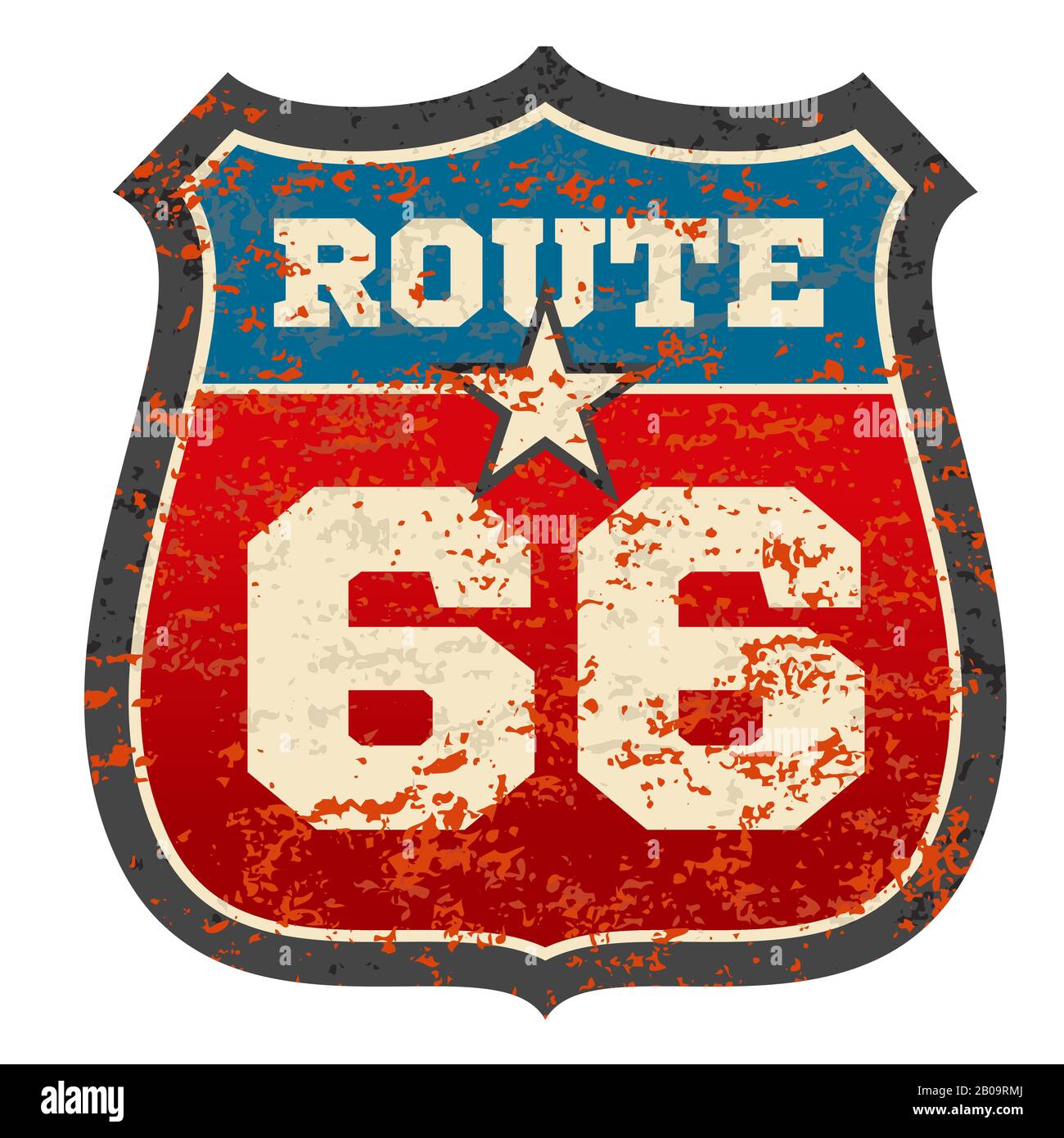 Vintage Route 66 Straßenschild mit Grunge verstresst verrosteter Textur Vektor-Illustration. Verkehrsschild Route 66, Wegweiser Stock Vektor