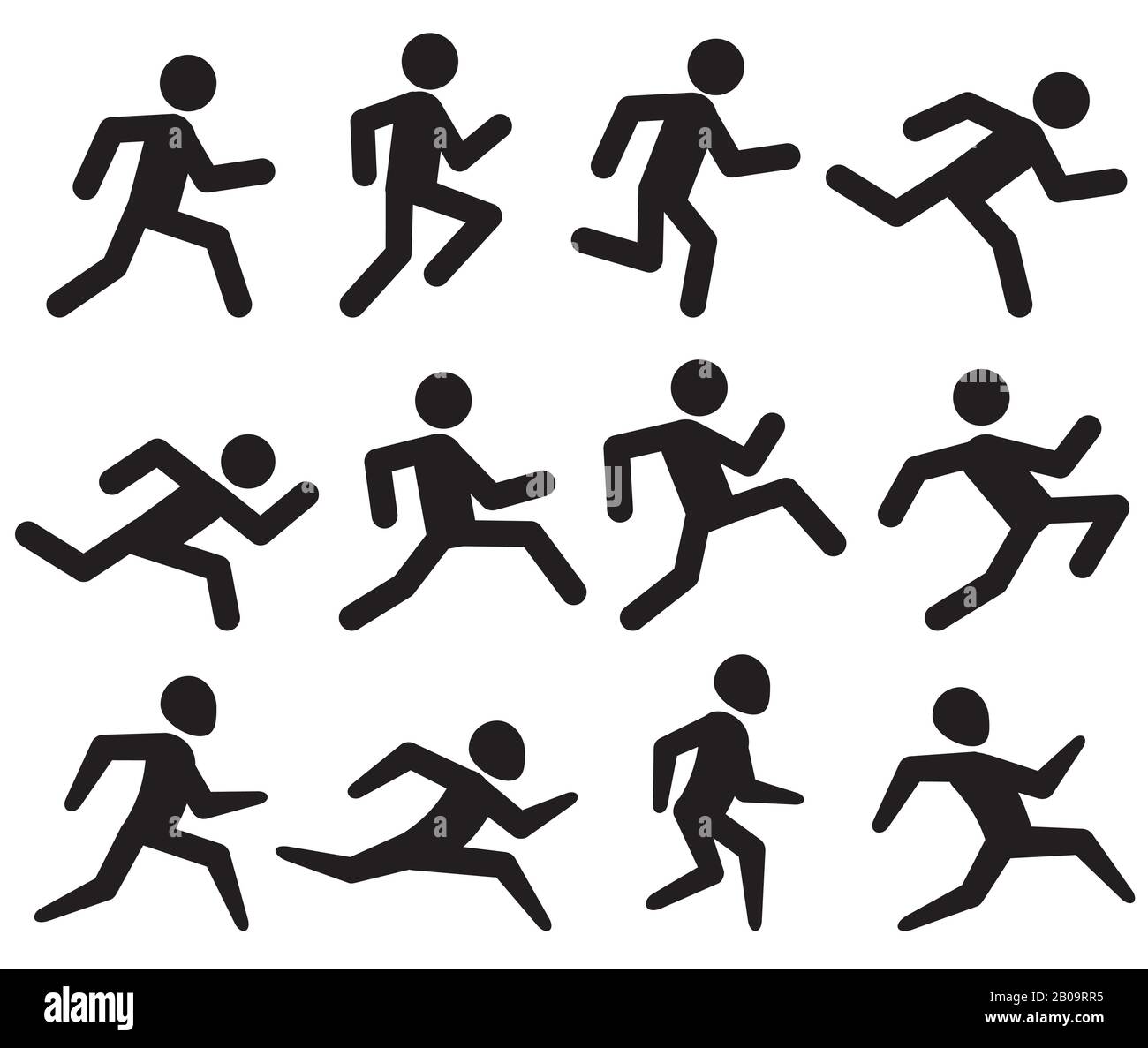 Man-Lauffigur schwarze Piktogramme, Jogging-Aktivitätsvektor-Symbole isoliert auf weiß. Sprinter man, Illustration Silhouette man run Stock Vektor