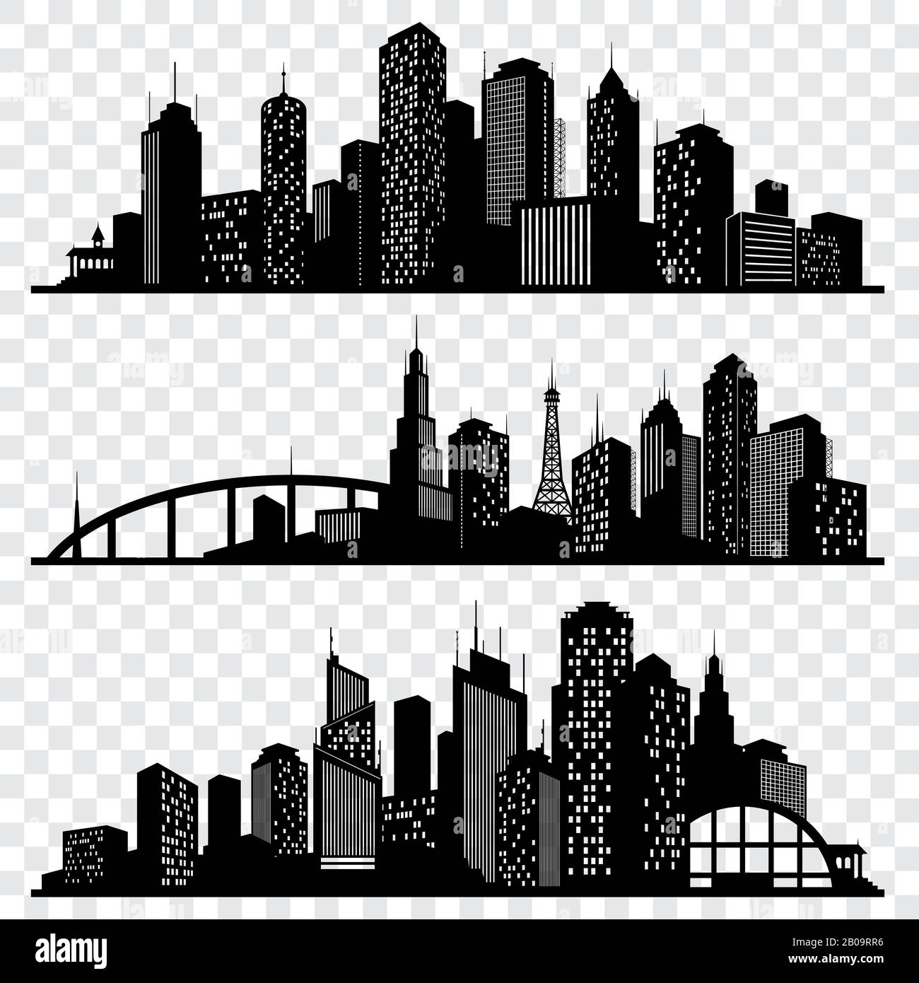 Vektorsilhouetten für Stadtgebäude, Skylines für städtische Vektoren festgelegt. Silhouette der städtischen Architektur, Illustration der Skyline der Stadtarchitektur Stock Vektor
