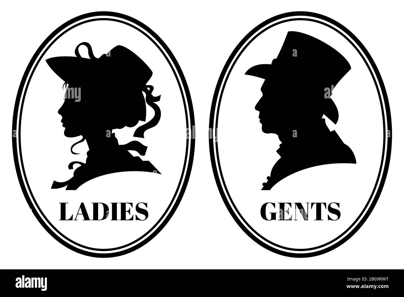 Vintage wc vector-schild mit Dame und Gentleman Head in viktorianischen Hüten und Kleidung. Schilder für toilette, Illustration von Silhouette Gentleman und Damenkopf für emblemtoilette Stock Vektor