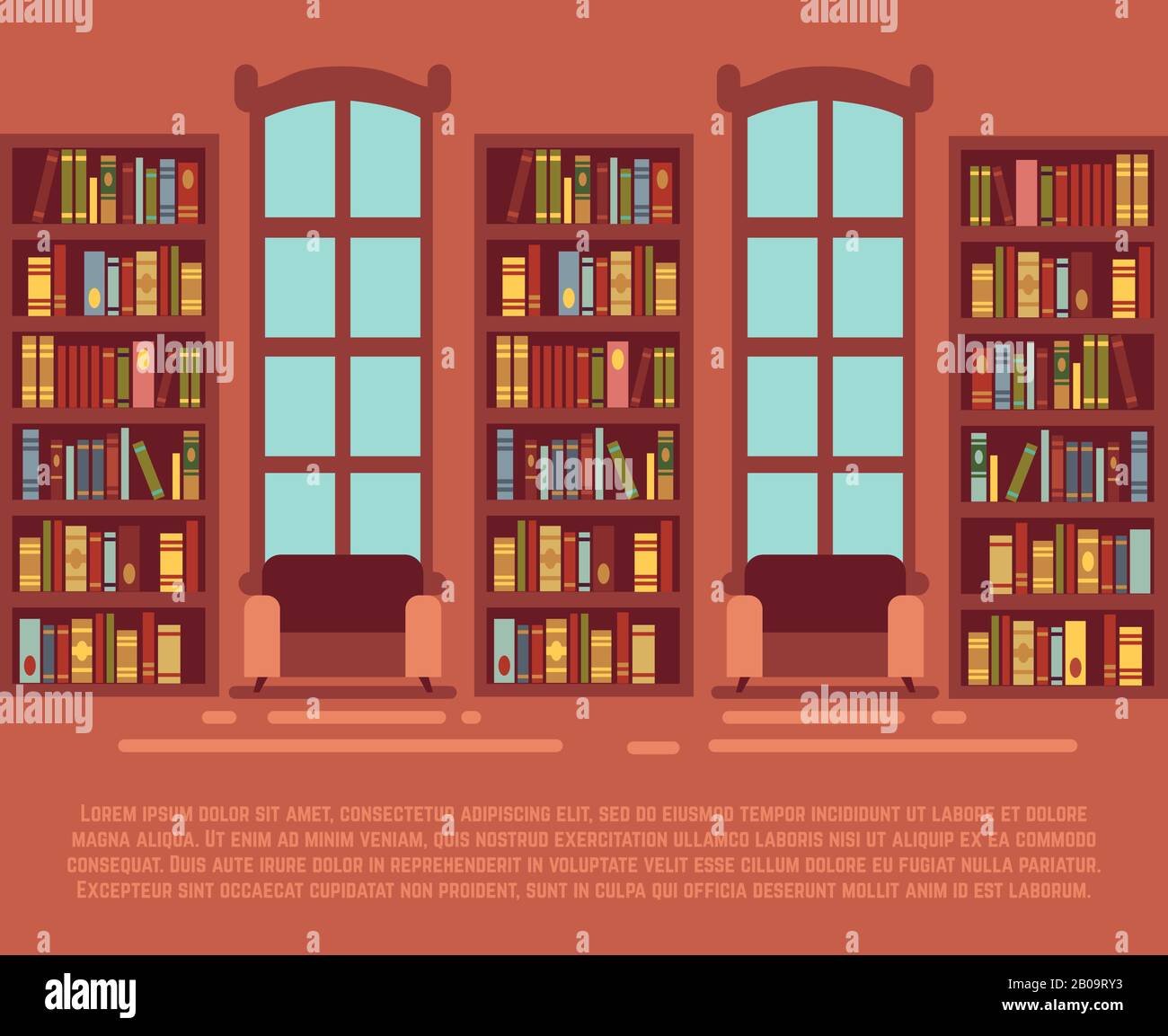 Moderne Bibliothek leeres Interieur mit Bücherregal, bibliothek mit Vektorgrafiken in Bücherselbst. Im Inneren der Bibliothek mit Holz-Bücherregal-Set mit Büchern Stock Vektor