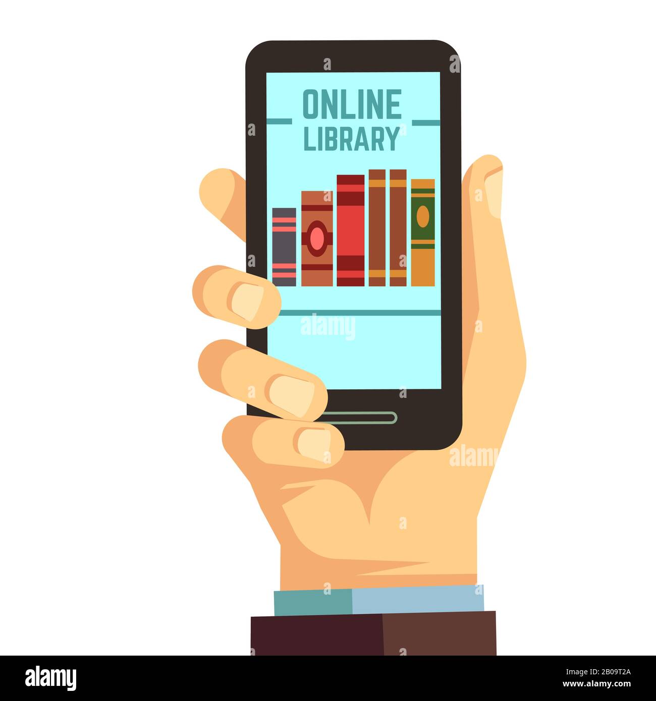 Hand-Holding-Smartphone mit Büchern, E-Reading, Online-Bibliothek Vektor Bildungskonzept. Bibliothek online auf dem Telefon, Abbildung der Web Mobile App Bibliothek Stock Vektor